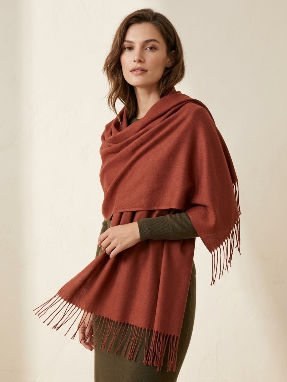 Fringed Wrap Shawl Pashmina In Rust Brown Color